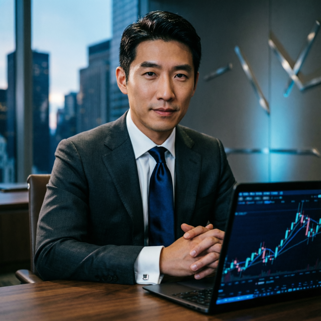 Professional trader with focused expression analyzing trading charts on laptop