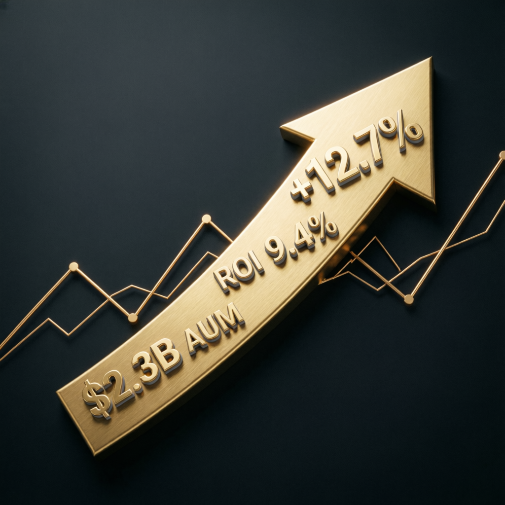 Premium financial growth visualization with golden upward arrow showing ROI and AUM metrics