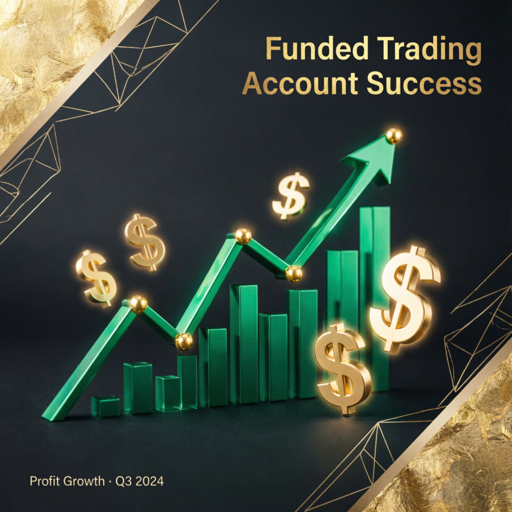 Funded trading account success visualization with green profit charts and golden dollar signs