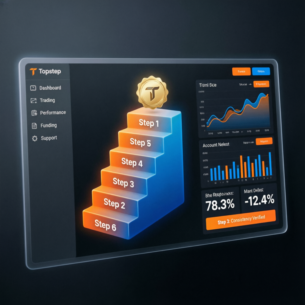 Topstep prop firm dashboard showing step-by-step evaluation process with performance metrics