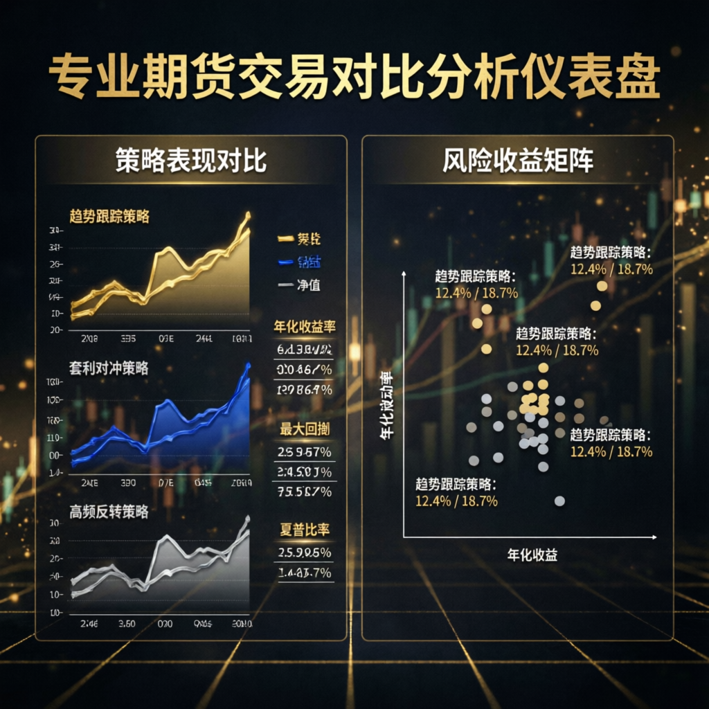 Professional futures trading comparison analysis dashboard showing strategy performance metrics