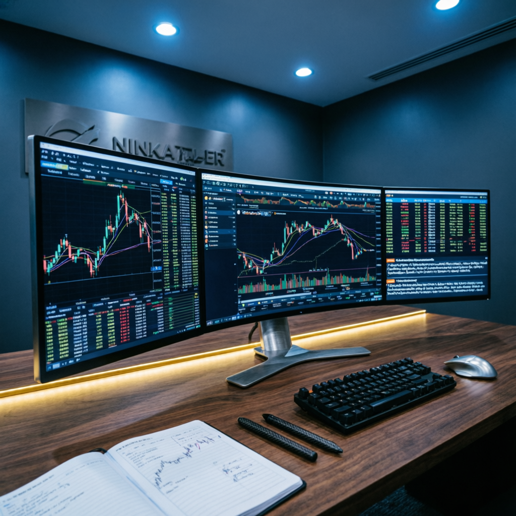 Professional trading setup with NinjaTrader platform on multiple monitors showing futures charts