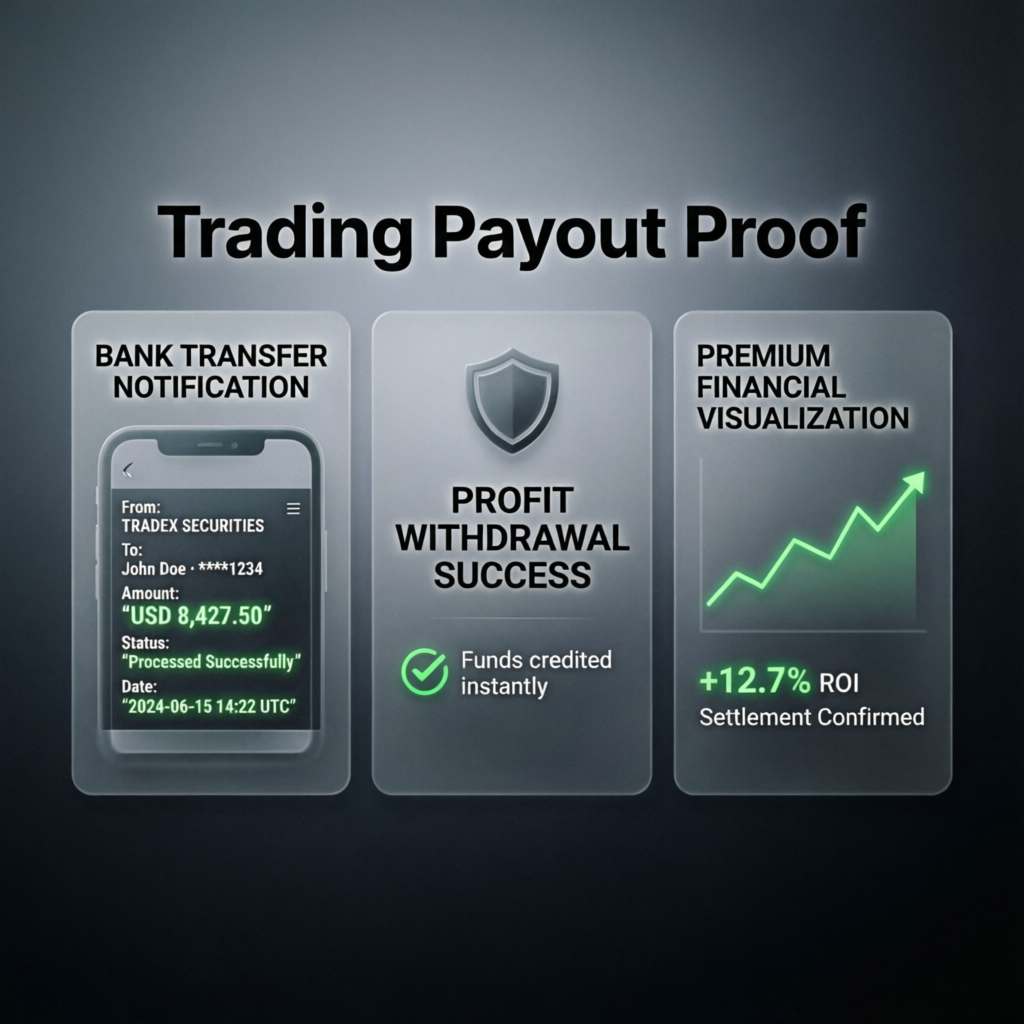 Trading payout proof visualization showing bank transfer notification and profit withdrawal success