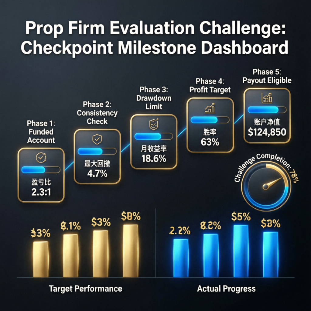 Prop firm evaluation challenge checkpoint milestone dashboard showing phase progression