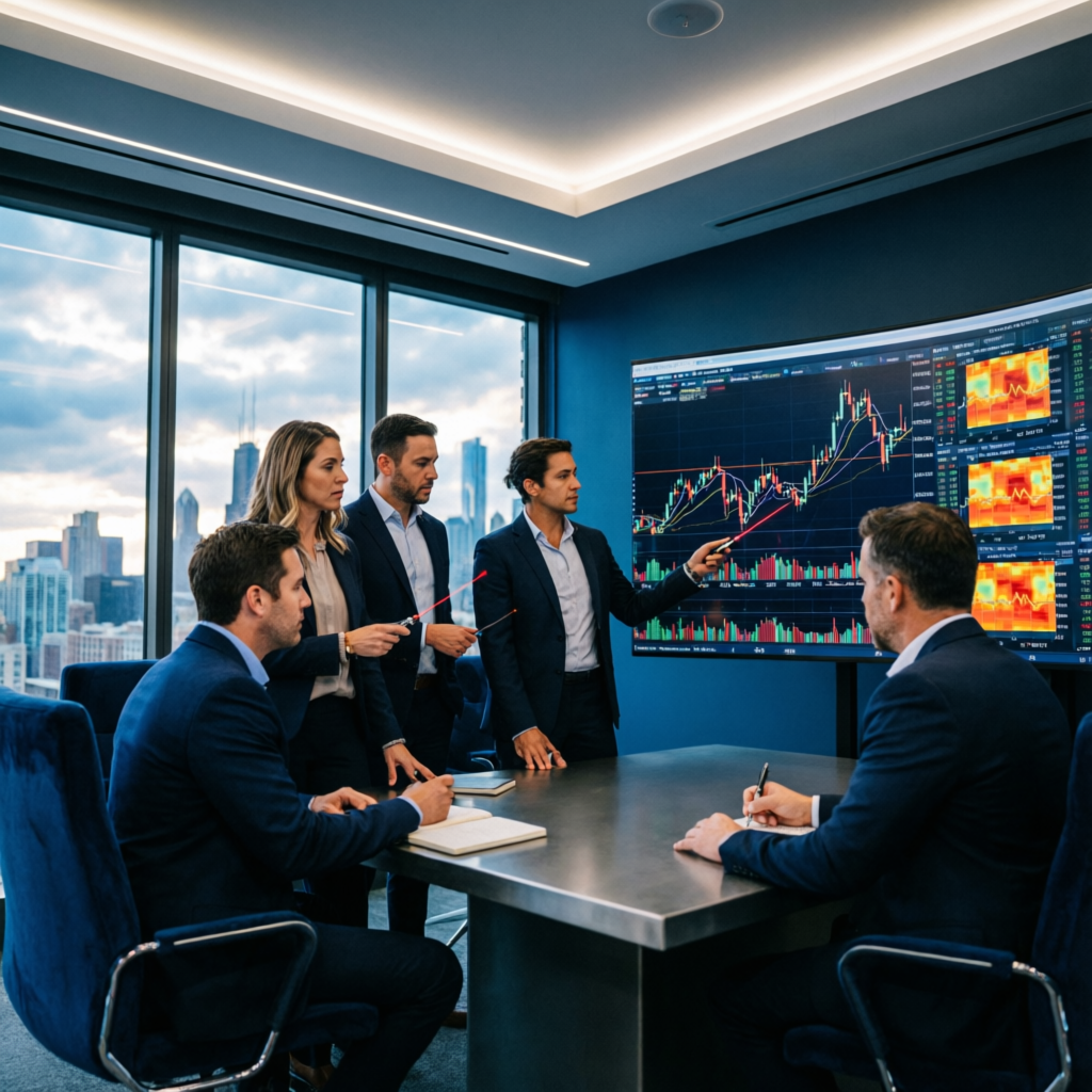 Professional prop firm trading team meeting