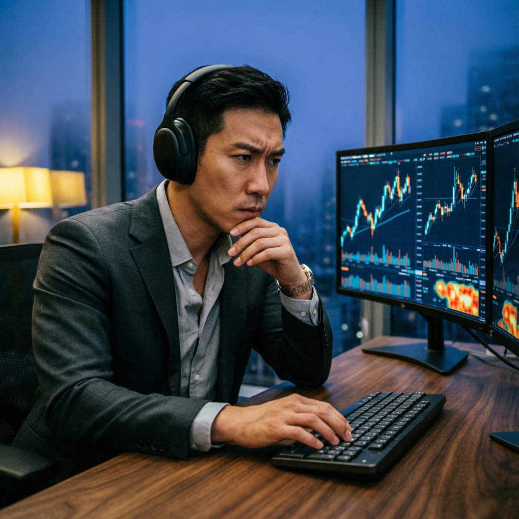Focused trader analyzing charts with trading psychology