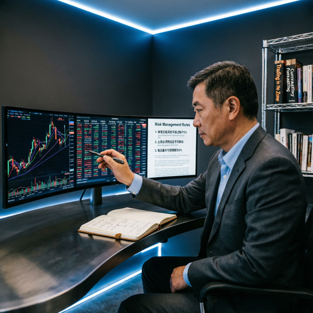 Professional trader studying risk management rules