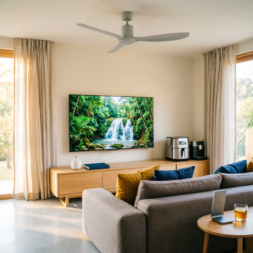 Modern Indian living room featuring a Valora smart LED TV and designer ceiling fan in Ghaziabad