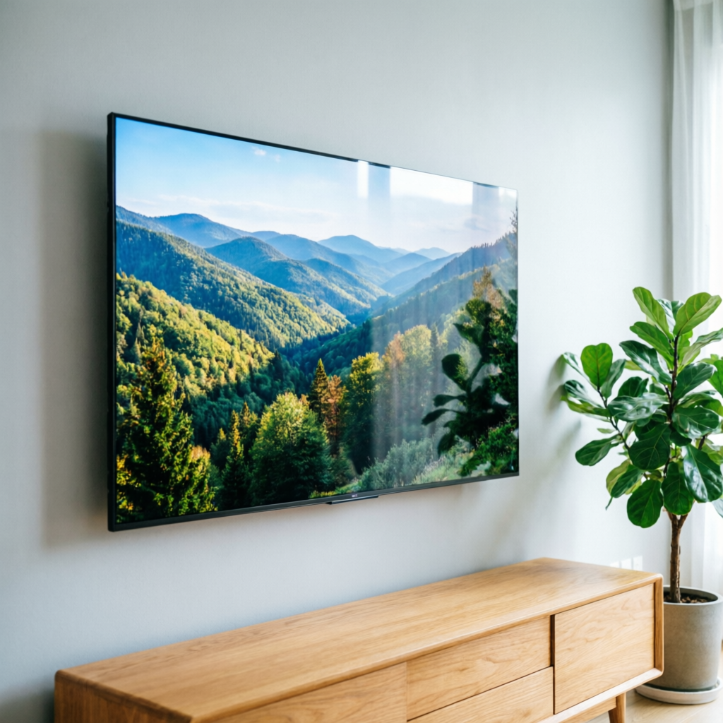 Valora Smart LED TV displaying a vibrant mountain landscape in a Ghaziabad living room