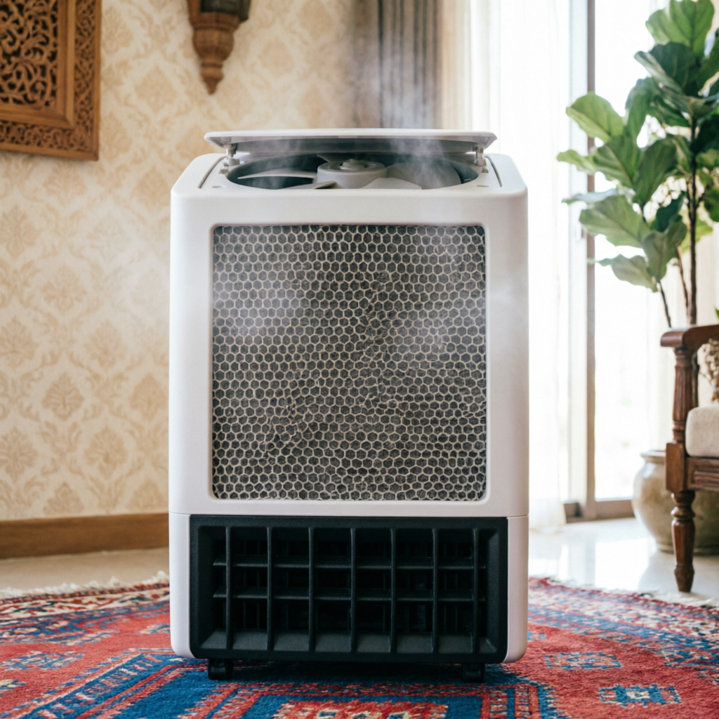 Valora portable personal air cooler with honeycomb pads in a bedroom