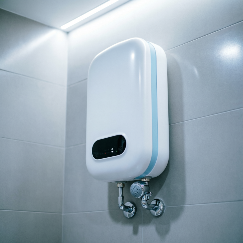 Valora compact instant water geyser mounted on a bathroom wall