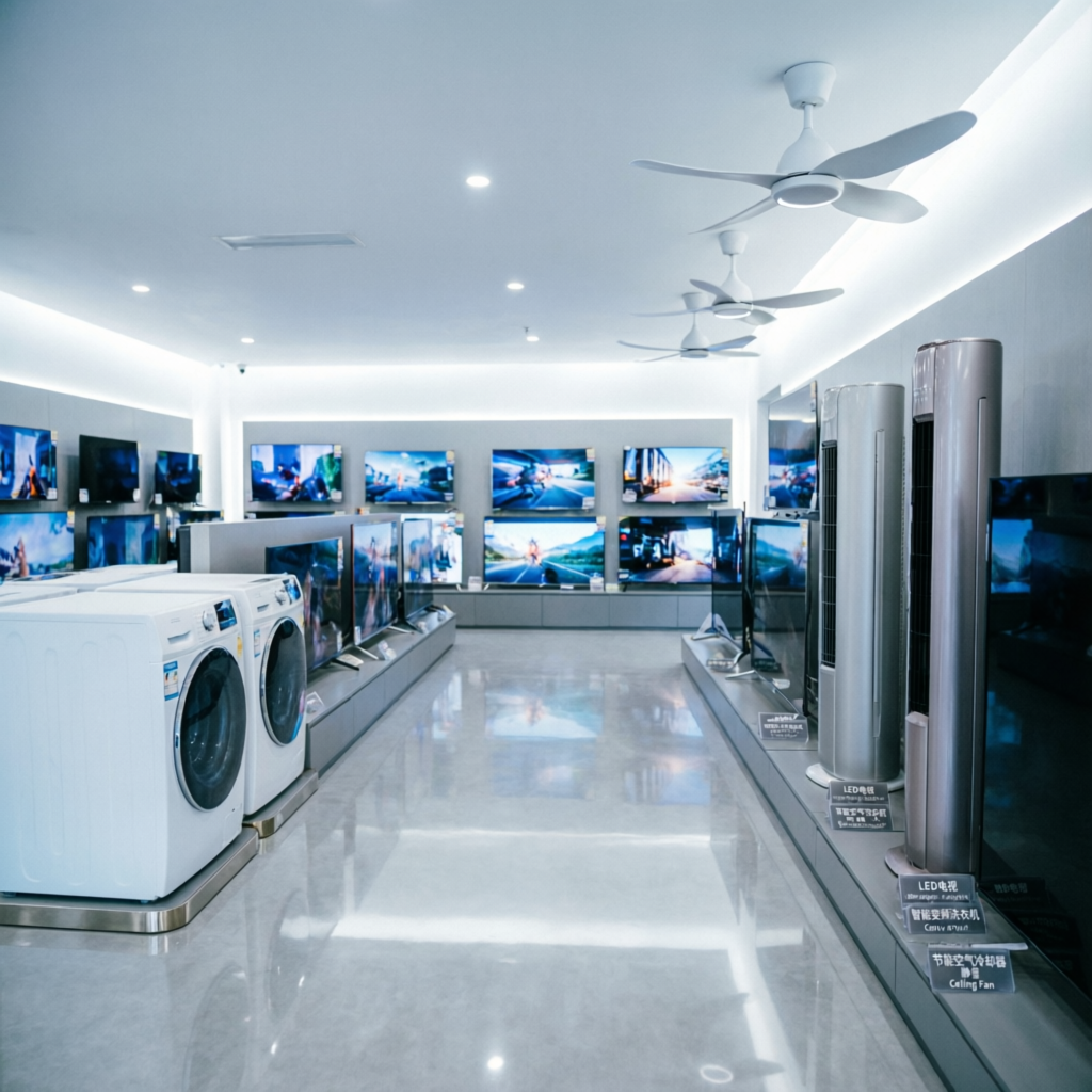 Valora home appliance showroom in Ghaziabad displaying LED TVs, washing machines, air coolers and ceiling fans