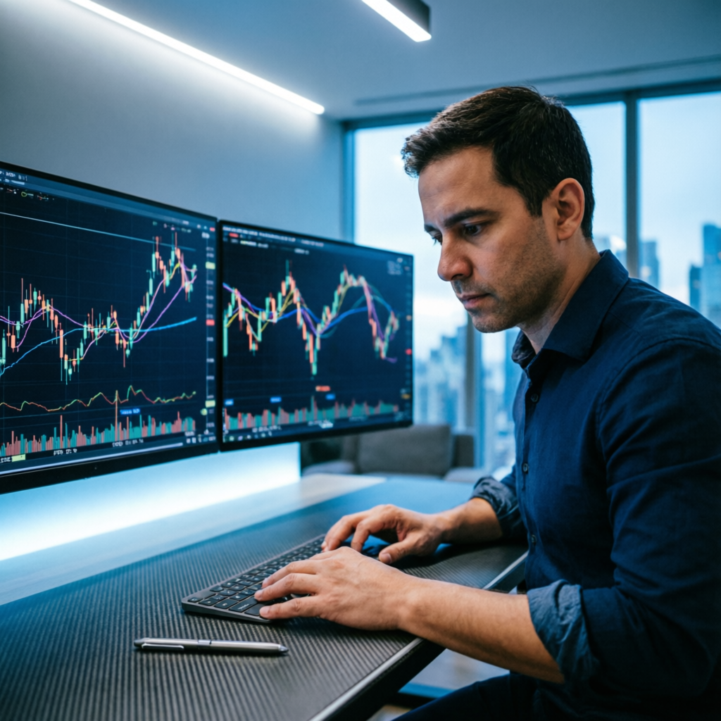Professional trader analyzing multiple chart screens with technical indicators and price action patterns