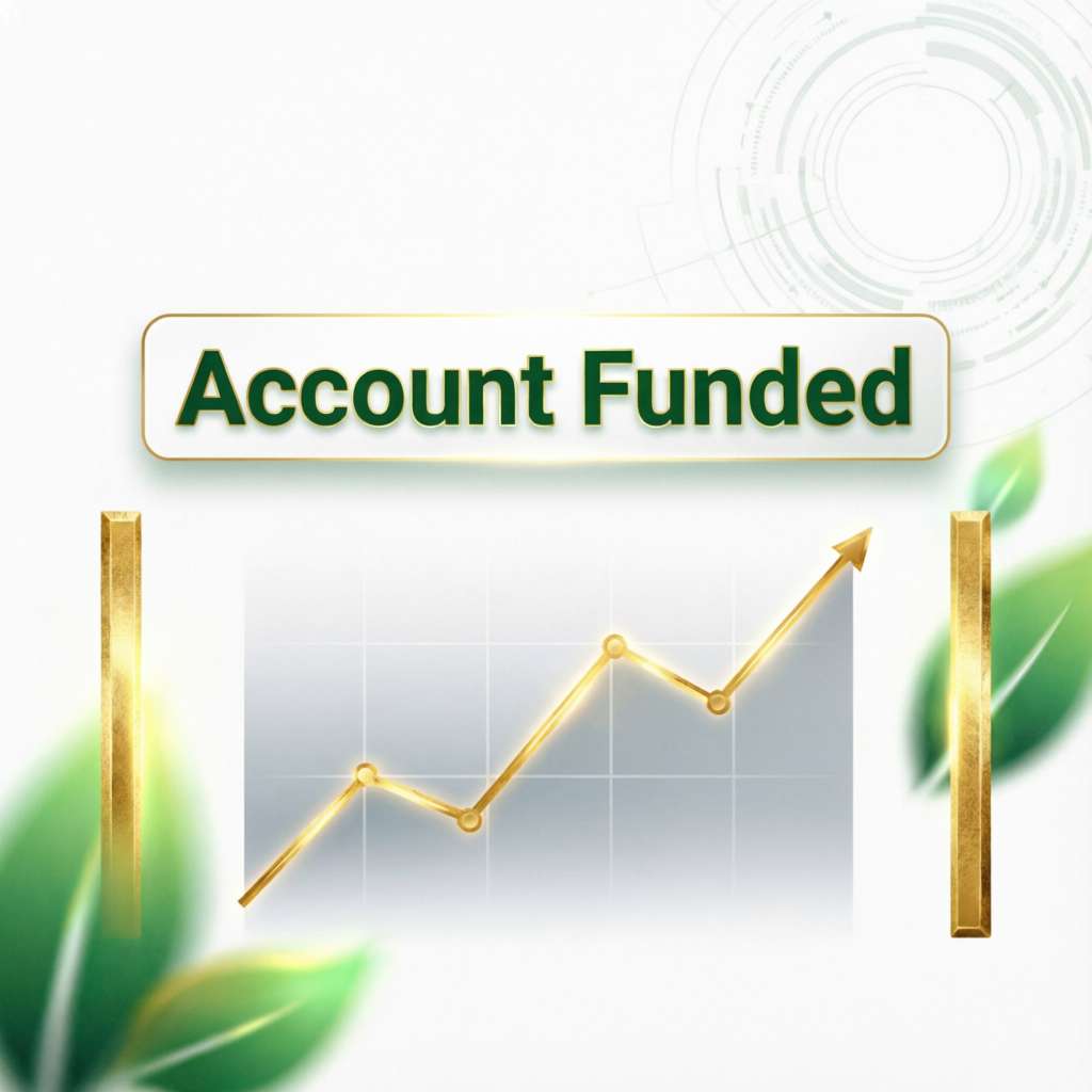 Funding success celebration showing Account Funded notification with upward trending chart