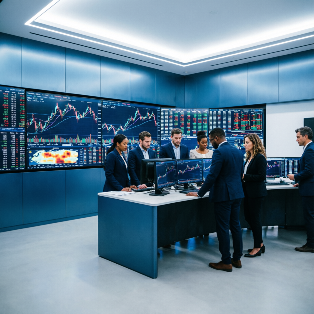 Team of professional traders collaborating in modern trading room with multiple chart screens