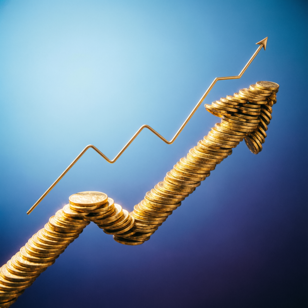 Financial growth concept with upward trending arrow made of gold coins