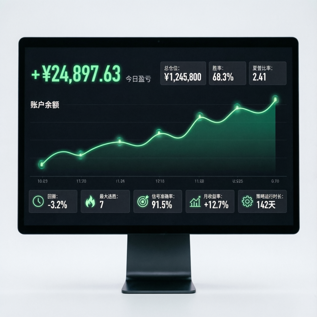 Trading dashboard interface showing account balance growth chart and performance statistics