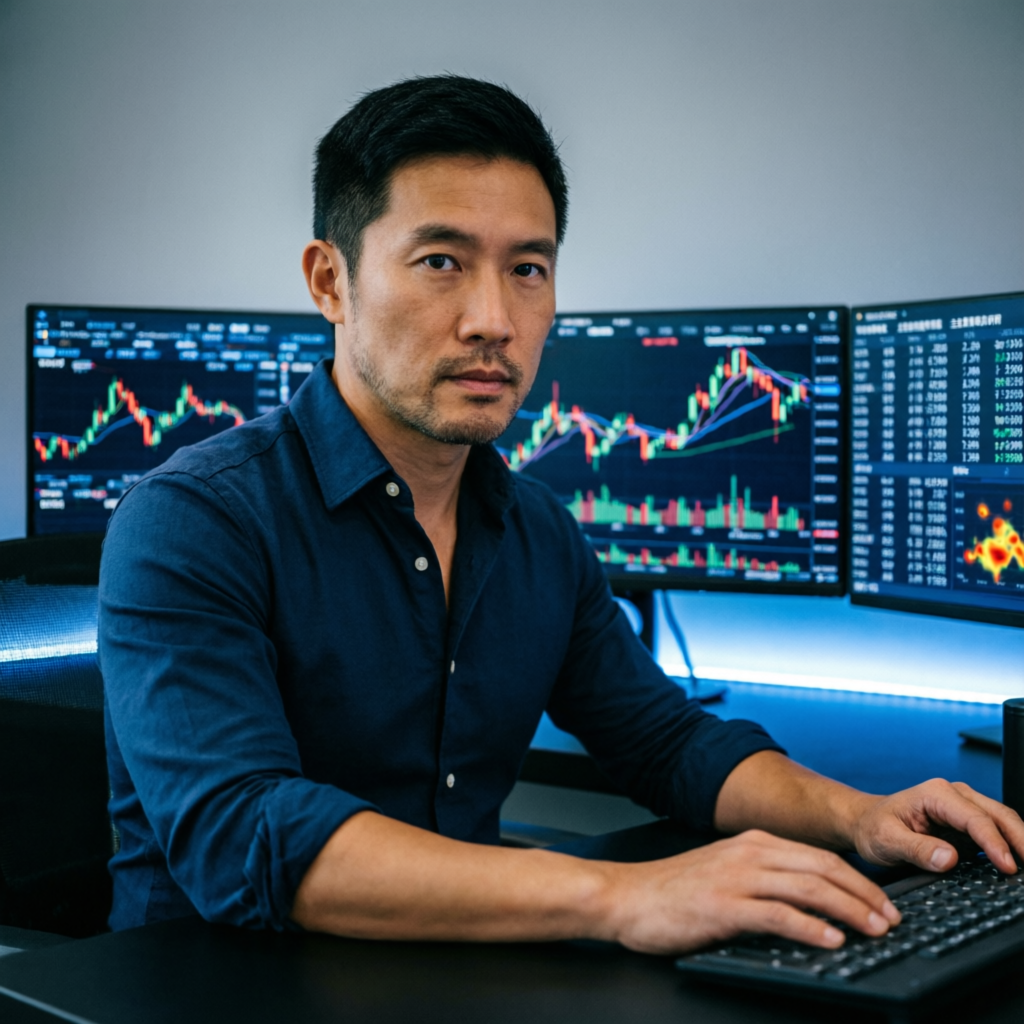 Professional trader at desk with multiple monitors showing trading charts