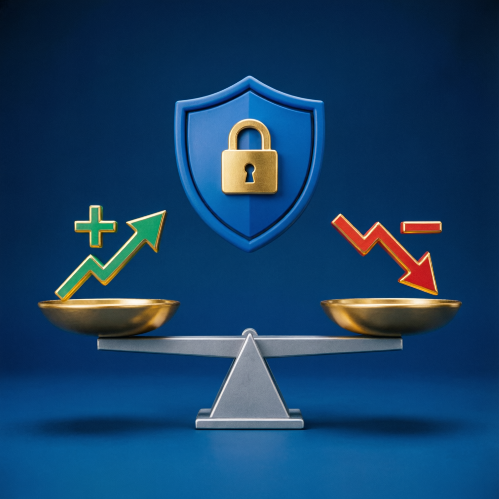 Risk management concept with balanced scale showing profit and loss with protective shield