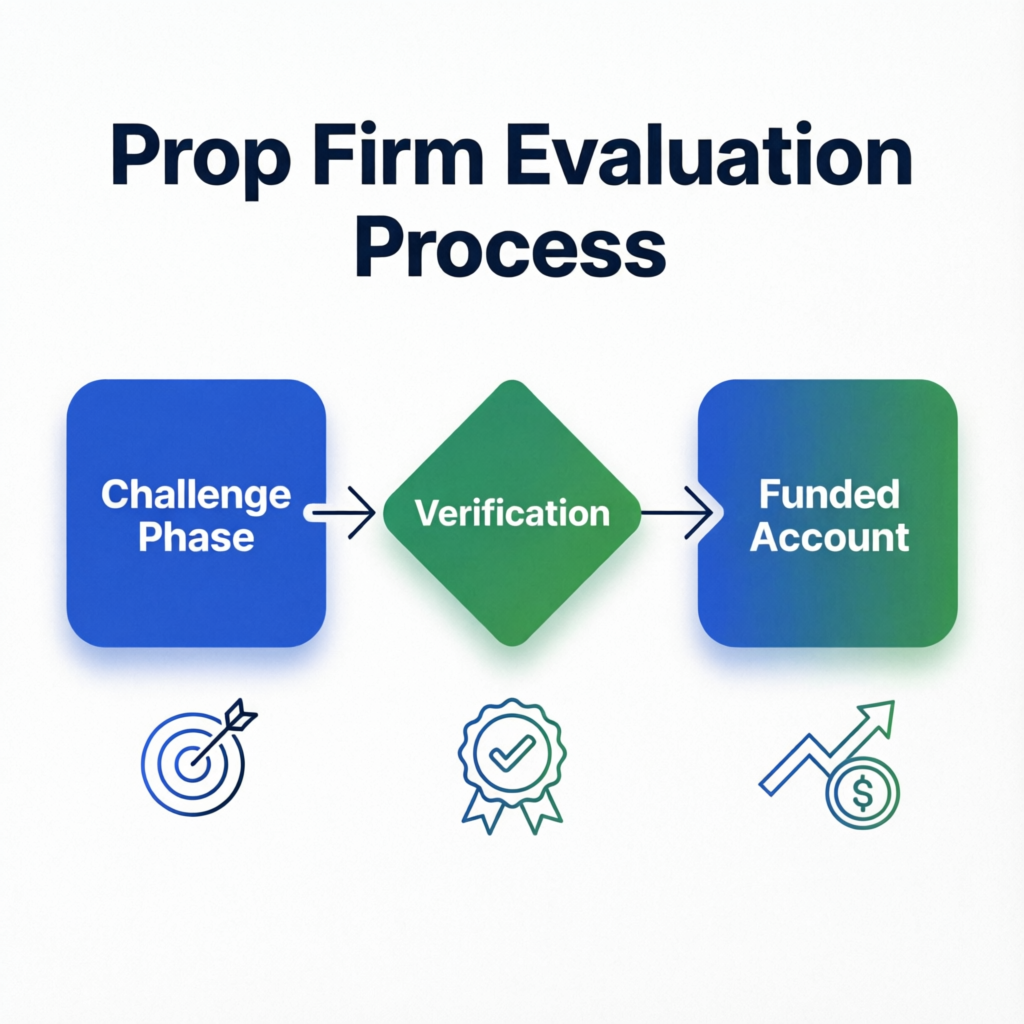 Prop firm evaluation process showing challenge phase verification and funded account stages