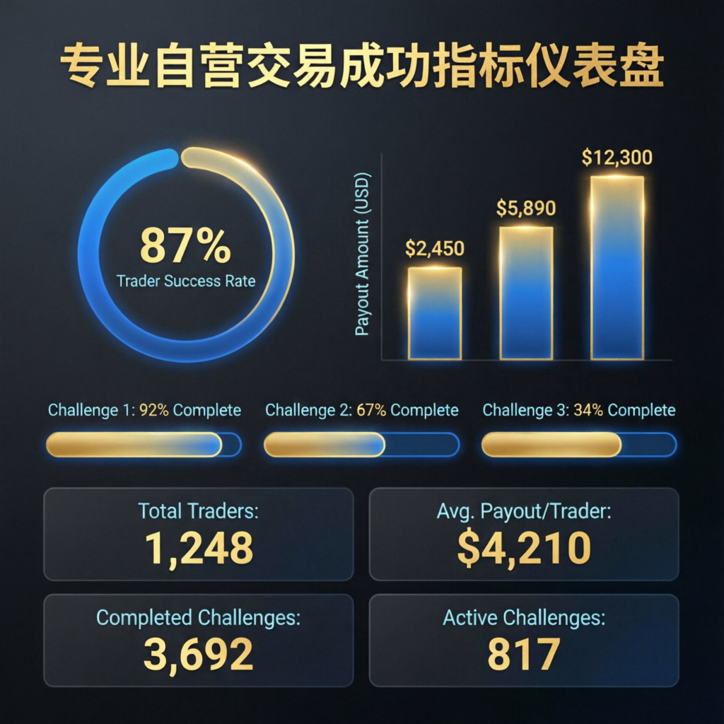 Prop trading success metrics dashboard showing trader success rate, payout amounts, and challenge completion statistics