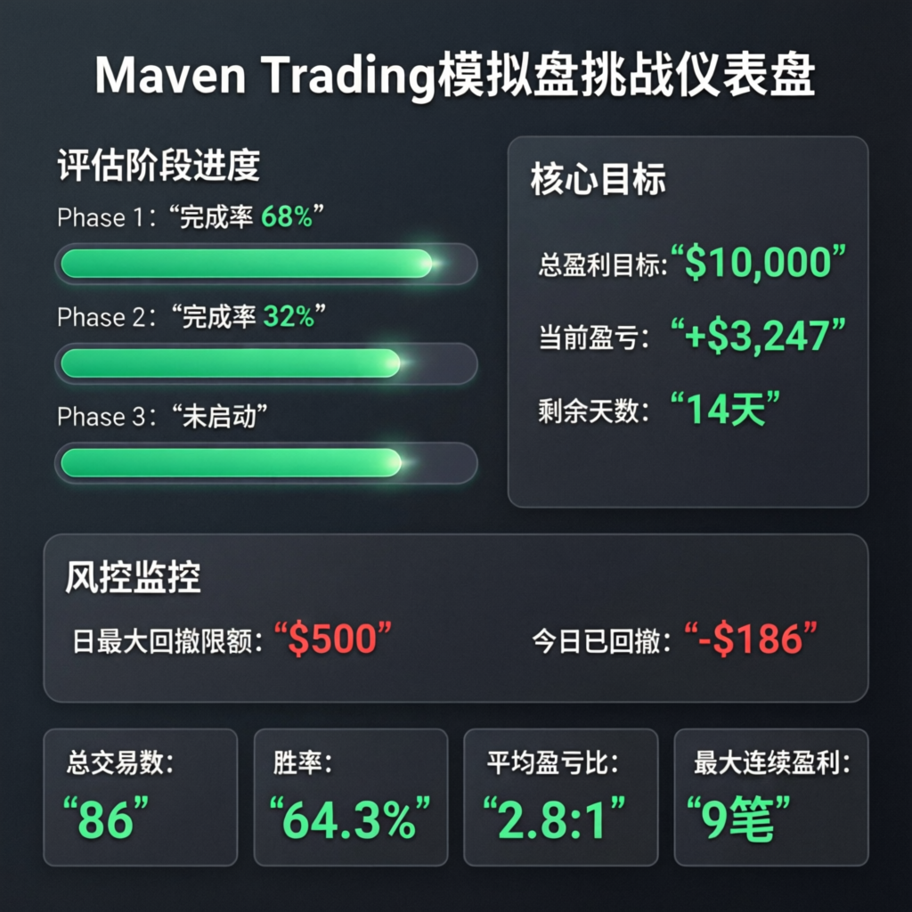 Maven Trading challenge dashboard showing evaluation phase progress and profit targets