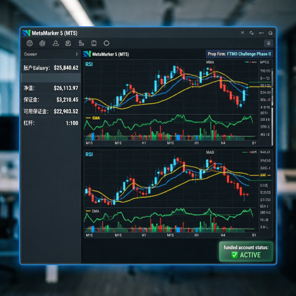 MetaTrader 5 MT5 platform showing funded forex trading charts with active funded account status