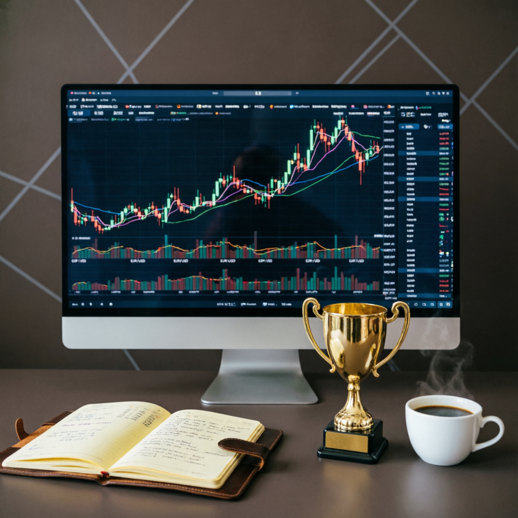Professional forex trading workspace with trading charts on monitor and golden trophy representing funded account success