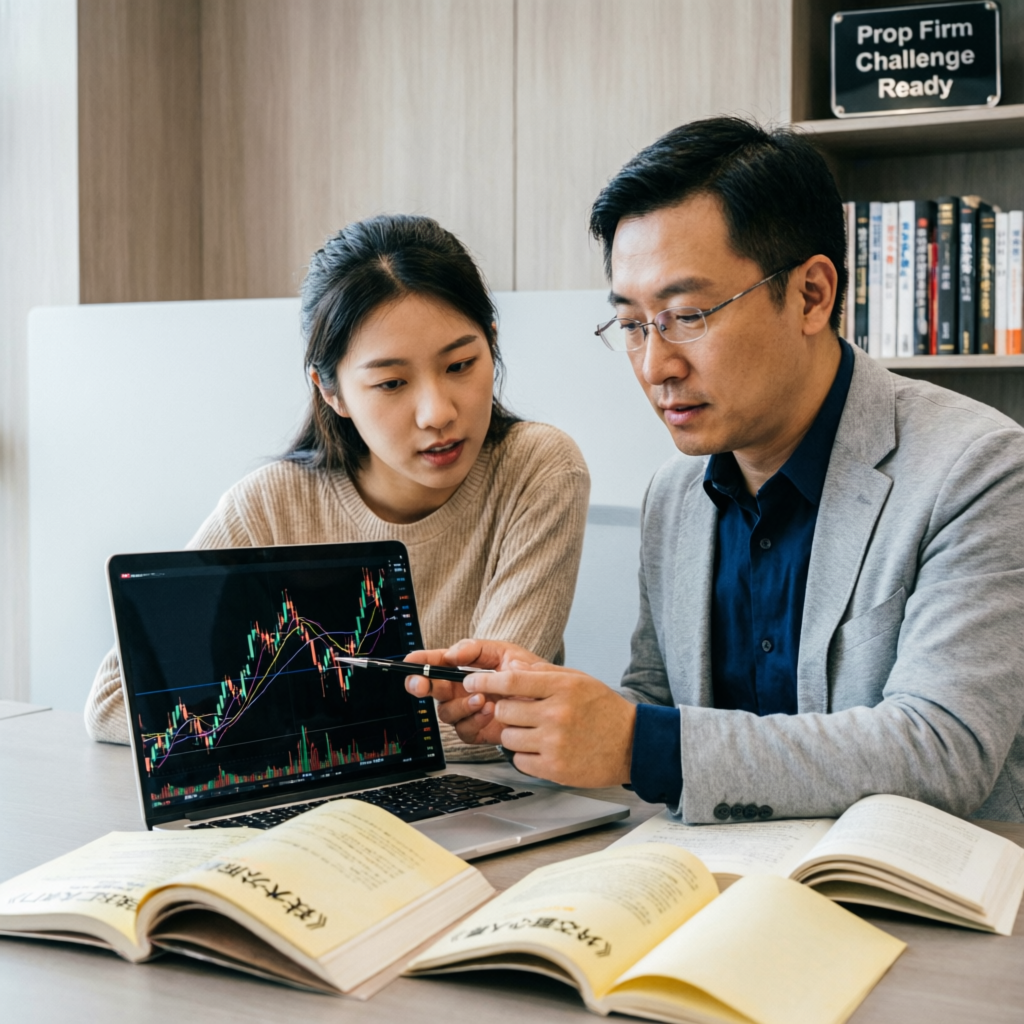 Professional trading mentor guiding a trader through forex chart analysis for prop firm challenge preparation
