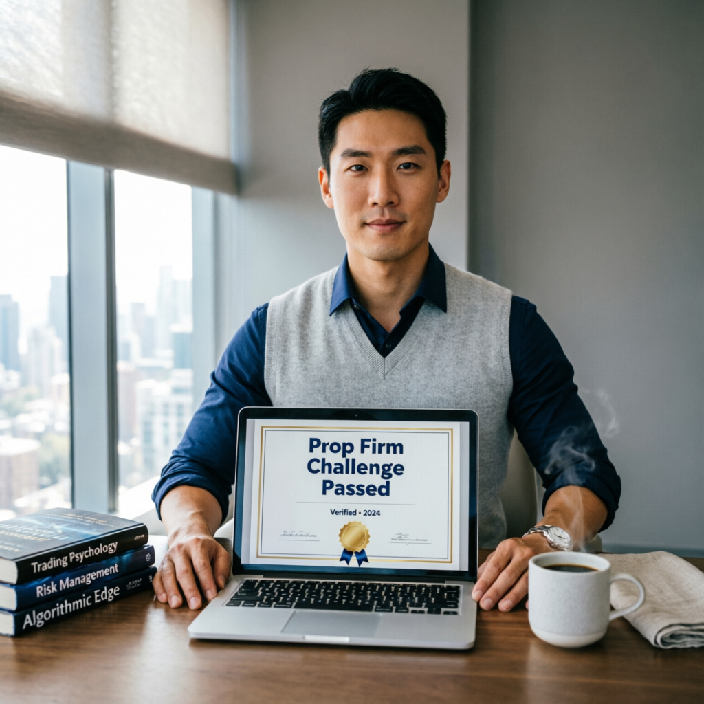 Professional trader displaying prop firm challenge passed certificate on laptop