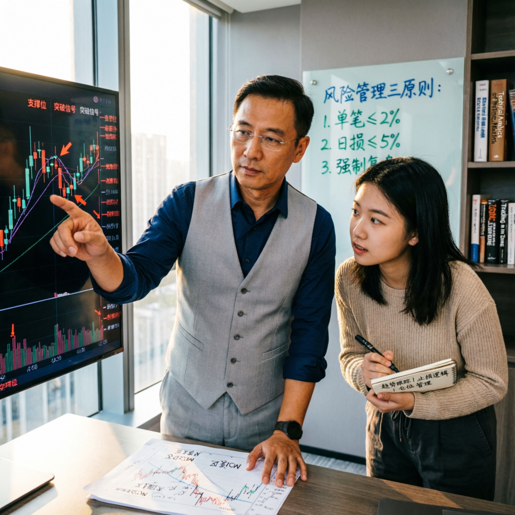 Professional trading mentor explaining chart analysis to a student trader