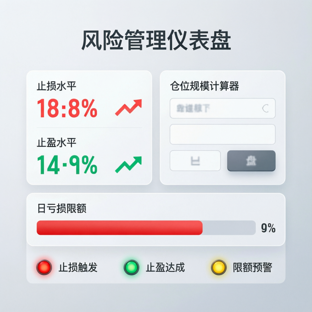 Risk management dashboard with stop loss, take profit, and daily loss limit indicators