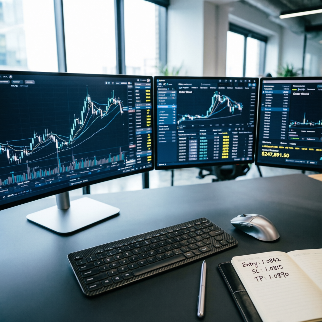 Professional trading desk with multiple monitors showing charts and funded account dashboard