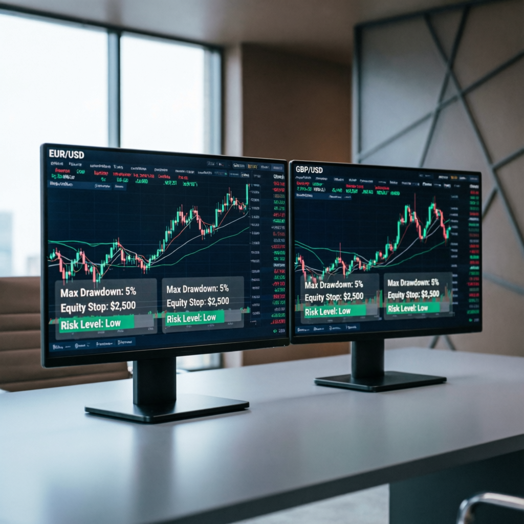 Forex trading screens showing EUR/USD and GBP/USD charts with risk management indicators