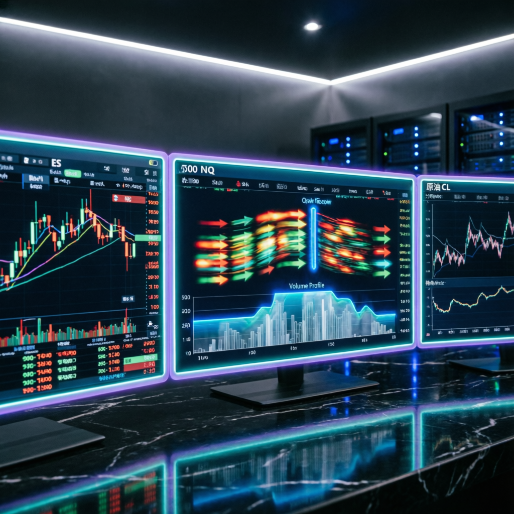 Futures trading screens showing ES, NQ, CL contracts with order flow and volume profiles