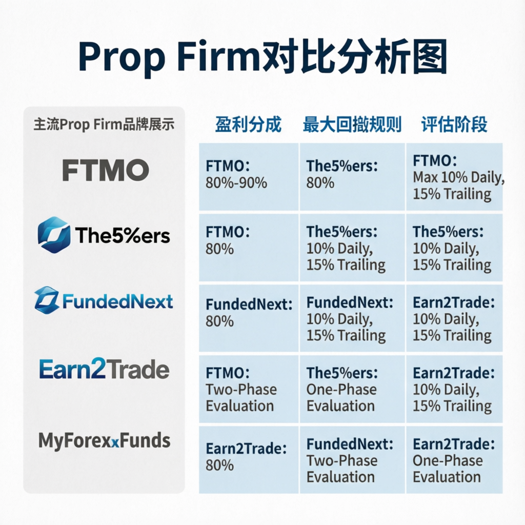 Prop firm comparison infographic showing profit splits, drawdown rules, and evaluation phases