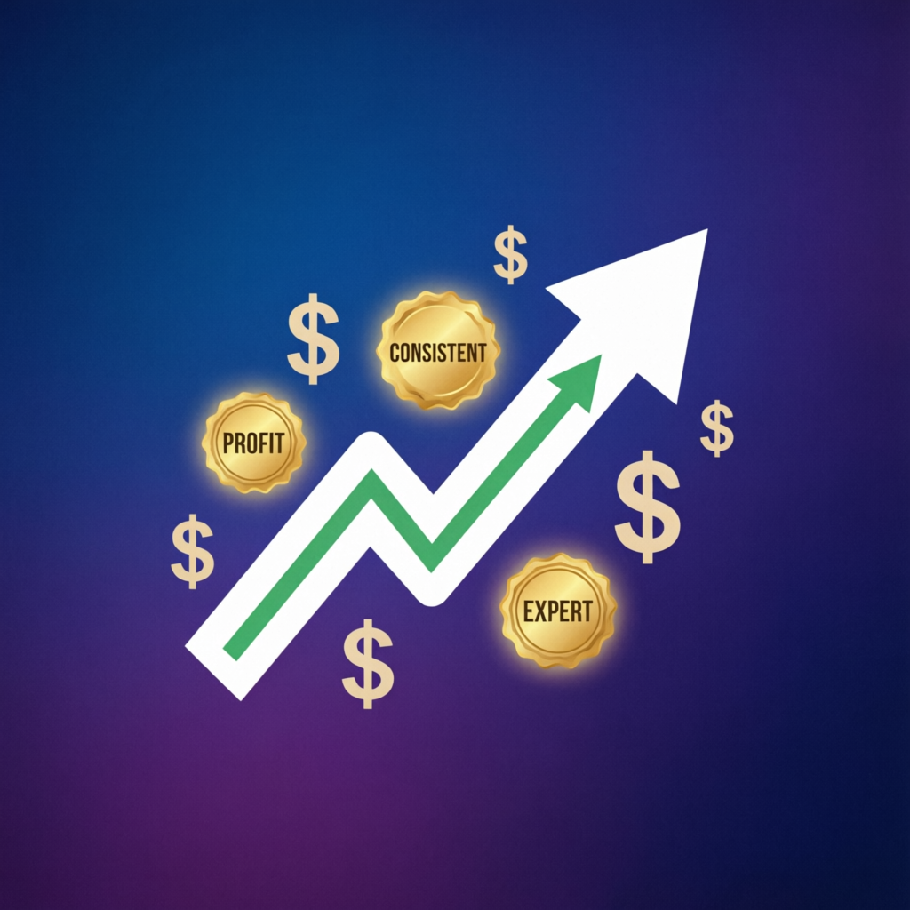 Trading success concept with upward trending chart and achievement badges