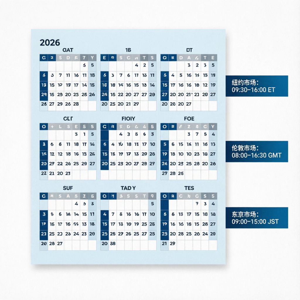 2026 trading calendar showing market sessions for New York, London, and Tokyo