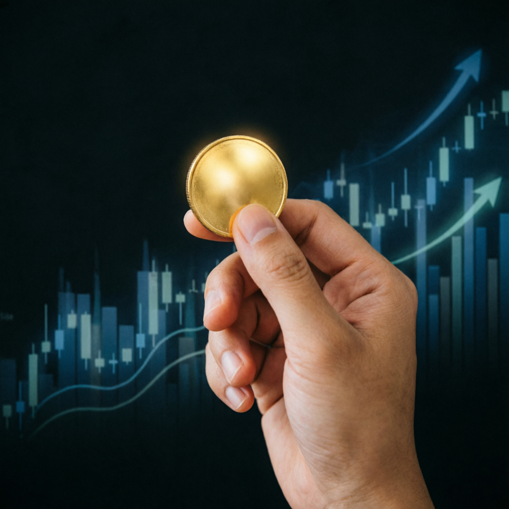 Professional forex funded account management - hand holding gold coin with trading growth chart background