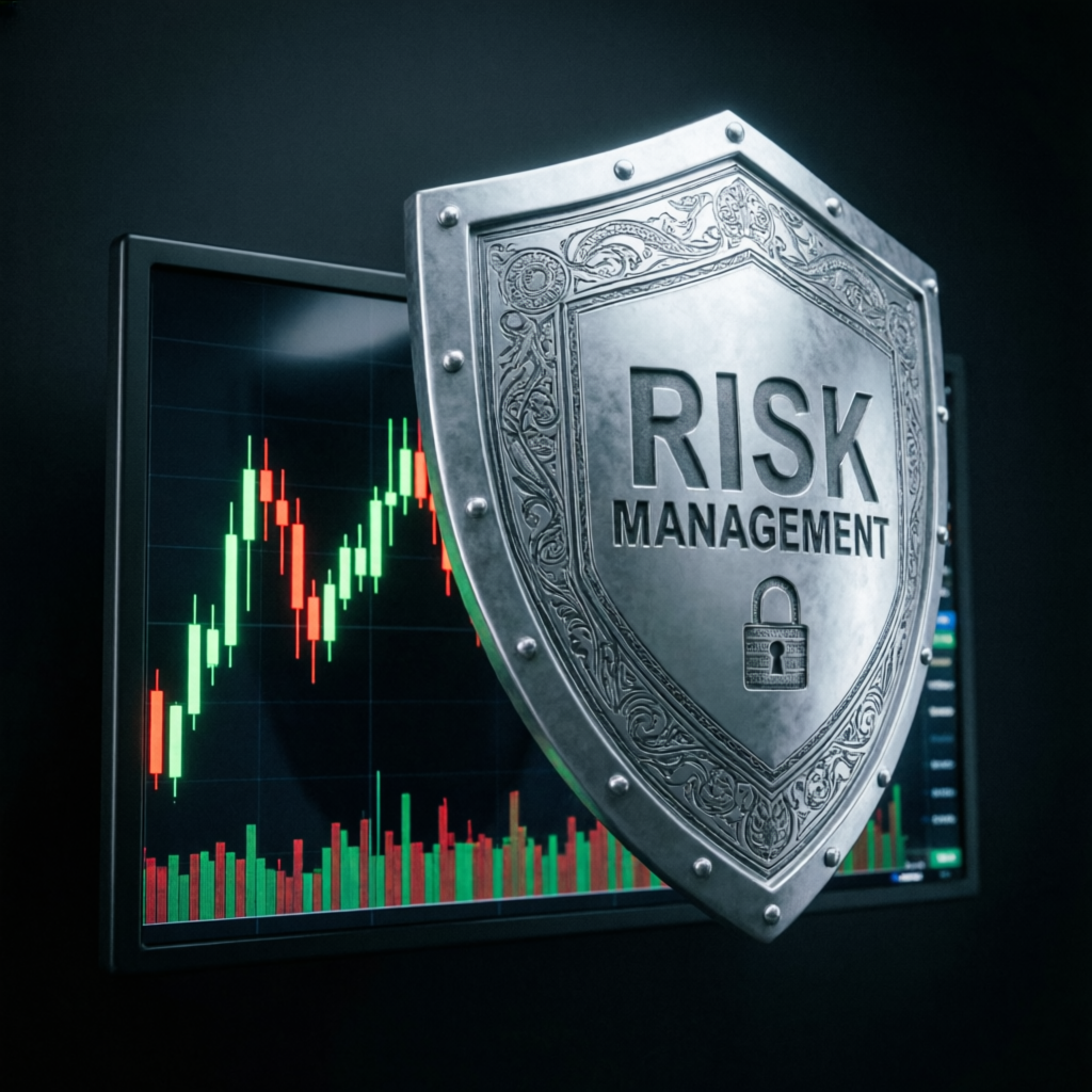 Risk management shield protecting forex trading chart - PFM Capitals strict risk controls for prop firm services