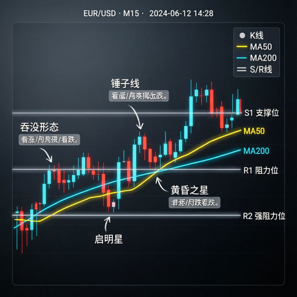 Professional forex trading strategy chart with candlestick patterns and technical indicators used by PFM Capitals