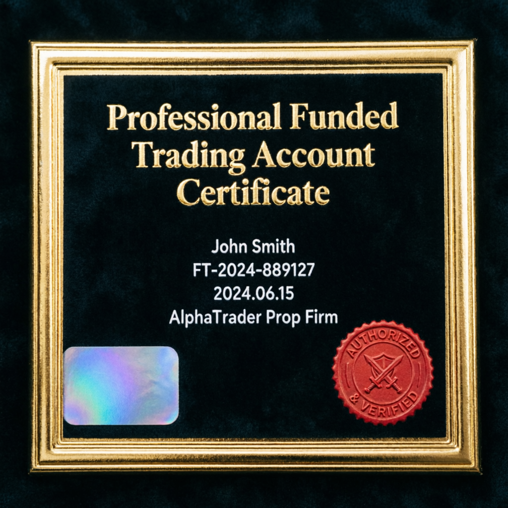 Professional funded trading account certificate from PFM Capitals prop firms passing service