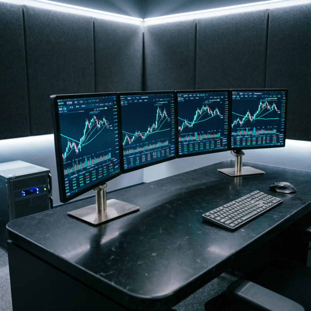 Professional forex trading setup with multiple monitors showing charts - PFM Capitals Prop Firms Passing Service workspace