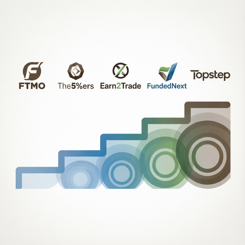 Prop firms comparison infographic showing FTMO, The5ers, Earn2Trade, FundedNext and Topstep logos with growth progression