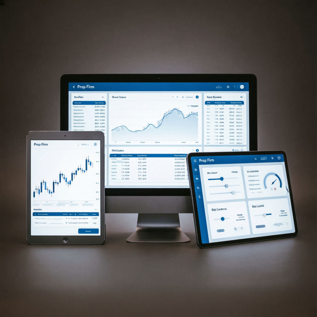 Trading platform comparison showing prop firm dashboards on desktop monitor, tablet and mobile device