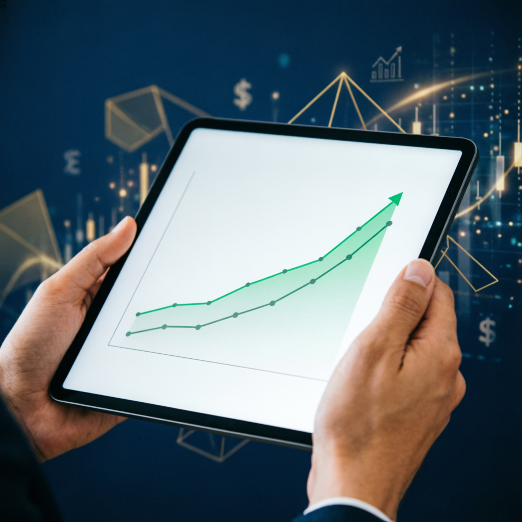 Funded account management showing portfolio growth chart on tablet with financial data elements