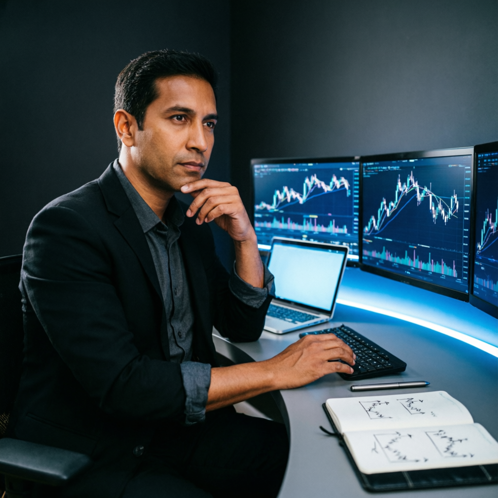 Professional futures trader analyzing candlestick patterns and market data for Topstep prop firm evaluation