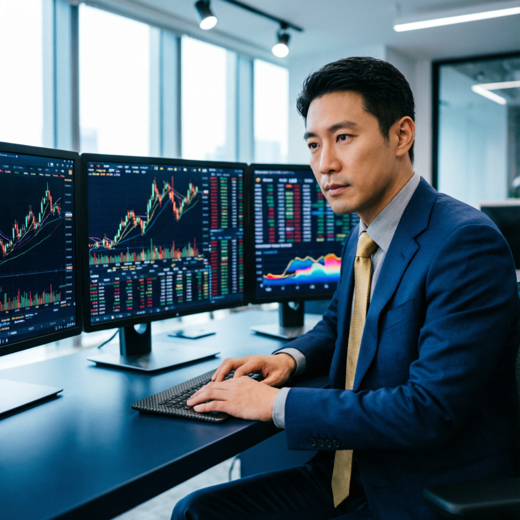 Professional trader monitoring multiple screens with financial charts - Topstep prop firm trading setup