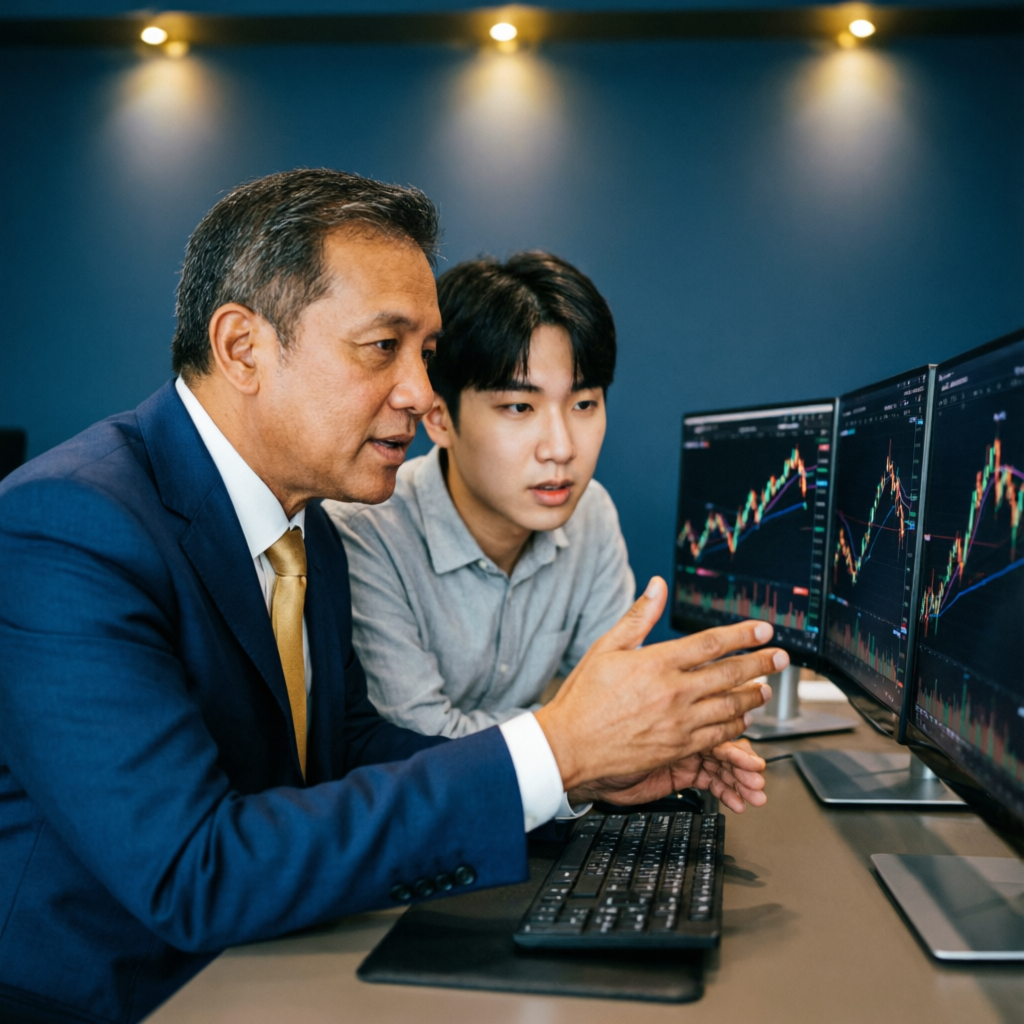 Professional trading mentor teaching a student at a desk with multiple monitors showing candlestick charts