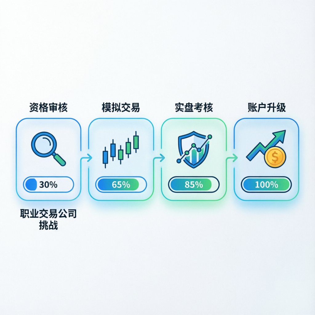 Topstep prop firm evaluation process infographic showing challenge phases and progress tracking